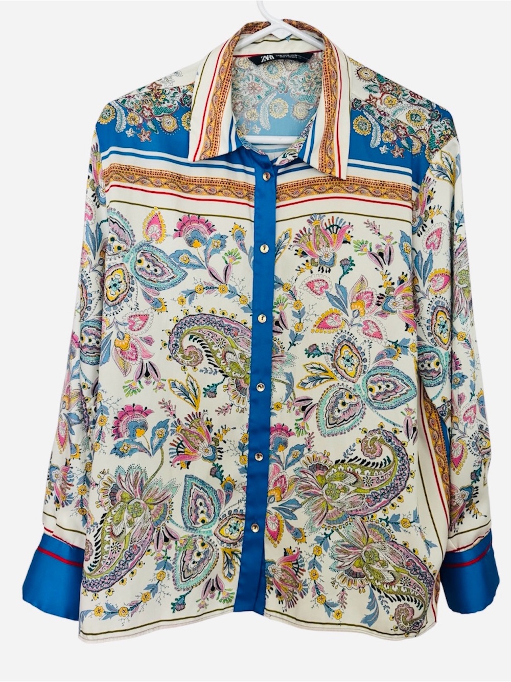 Zara Paisley Button-Up Blouse in Cream, Blue & Yellow